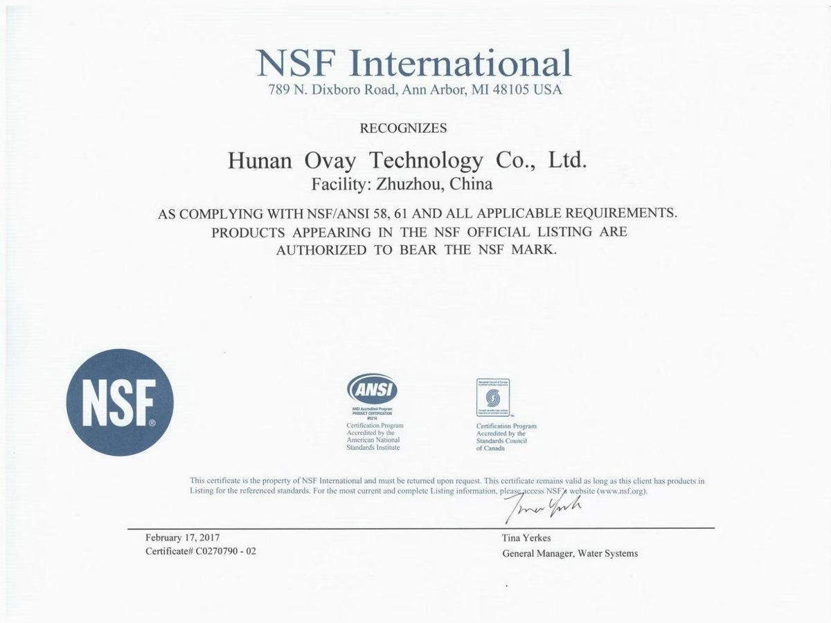 OVAY WQA and NSF certification document