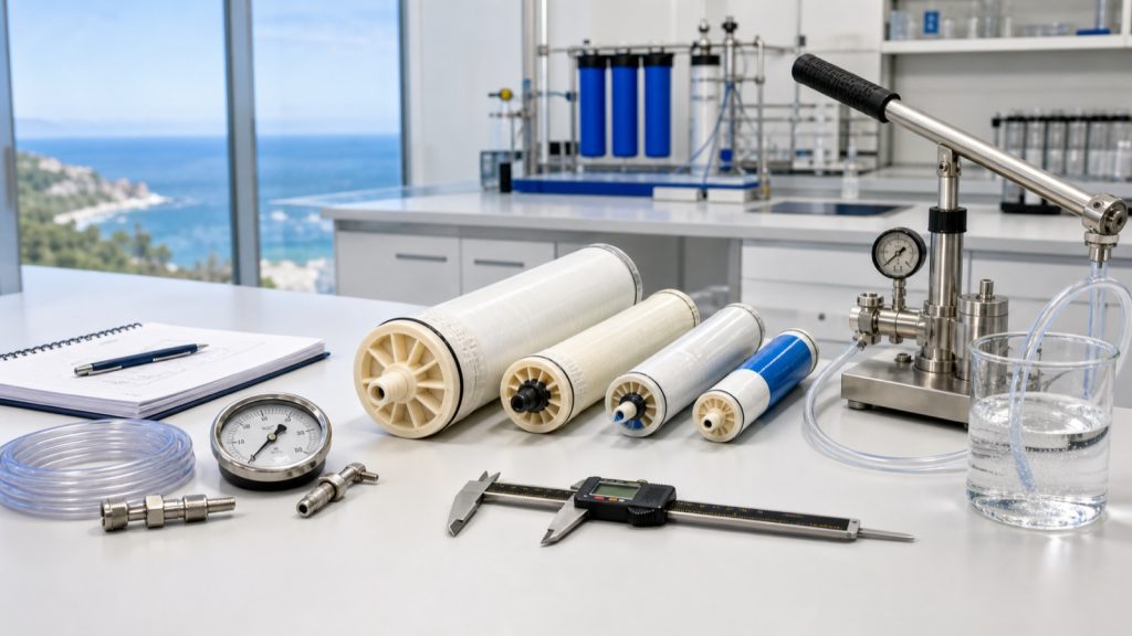 Compact seawater RO membrane prototypes undergoing dimensional and pressure evaluation for portable desalination equipment